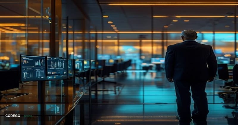 A cinematic editorial photograph set inside a modern mid-size American bank's executive operations floor in New Jersey, featu