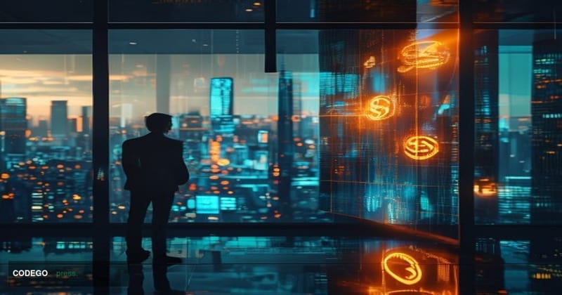 A cinematic editorial photograph set in a sleek, modern financial technology office environment, with a prominent digital dis