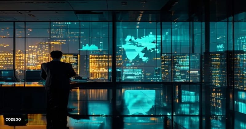 A cinematic editorial photograph set inside a sleek, modern corporate treasury operations center with floor-to-ceiling glass 