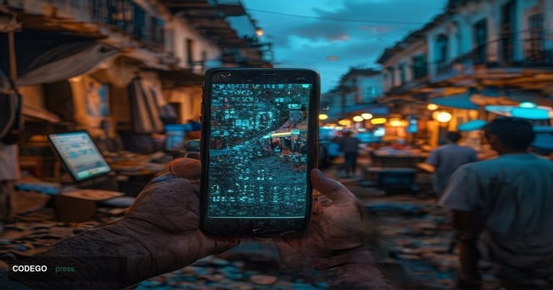 A weathered street-level market scene in Caracas, Venezuela, with vendors and buyers exchanging goods while a smartphone scre