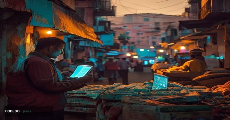 A cinematic editorial photograph set in a bustling Caracas street market, with Venezuelan vendors and buyers exchanging goods
