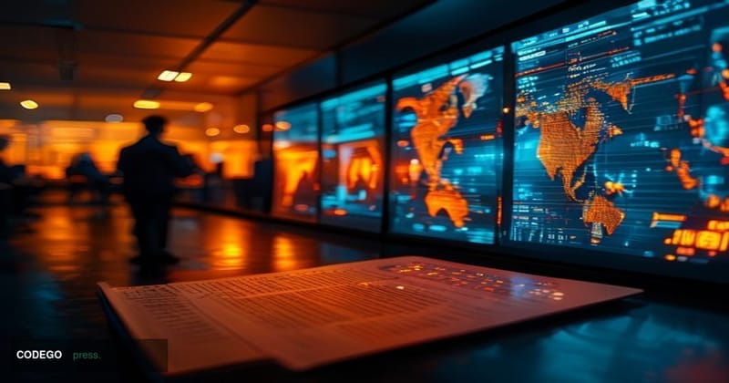 A photorealistic editorial photograph set inside a dimly lit financial security operations center, with large curved monitors