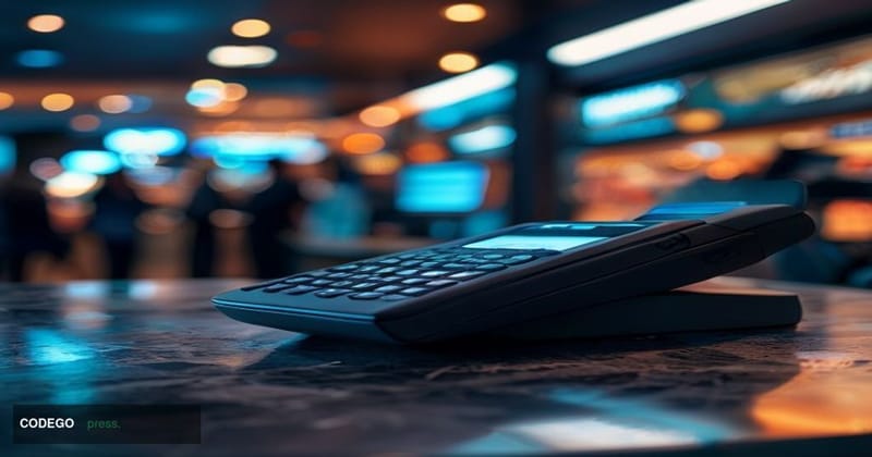 A cinematic editorial photograph of a modern payment terminal mounted on a retail counter, with dramatic chiaroscuro lighting