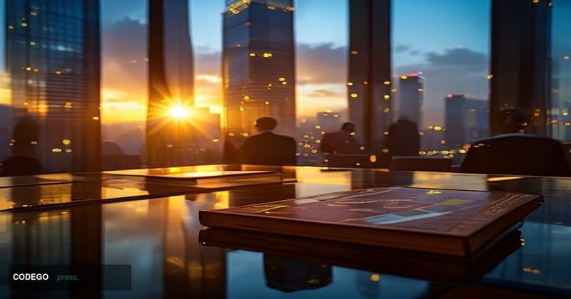 A cinematic editorial photograph set in Mumbai's Bandra Kurla Complex financial district at golden hour, with gleaming glass-