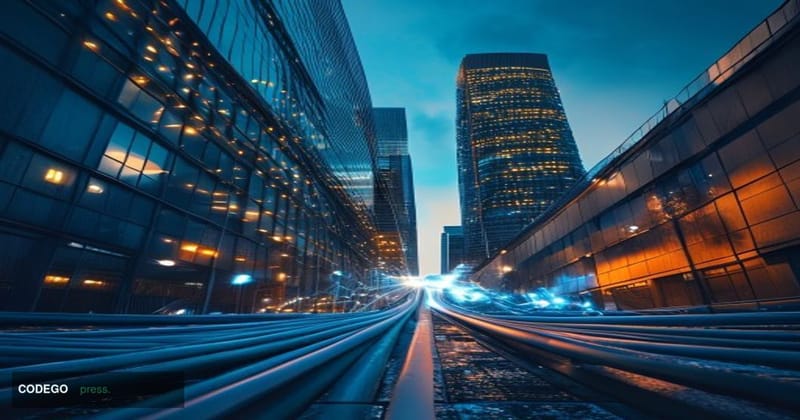 A cinematic photorealistic editorial photograph shot at ground level looking up at a massive Verizon network operations facil