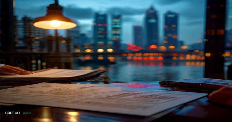 A cinematic editorial photograph set in Hanoi, Vietnam, featuring the iconic Hoan Kiem Lake and the red Huc Bridge visible in