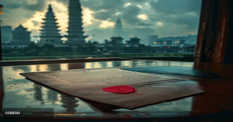 A cinematic editorial photograph set in Hanoi, Vietnam, with the iconic One Pillar Pagoda or Hoan Kiem Lake visible in the so