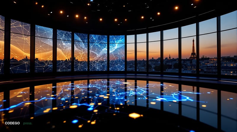 A cinematic editorial photograph shot from a low angle inside a sleek modern Parisian financial conference venue, with the Vi