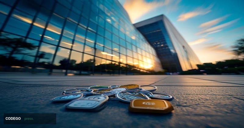 A cinematic editorial photograph shot at ground level looking up at Visa's corporate headquarters in Foster City, California,