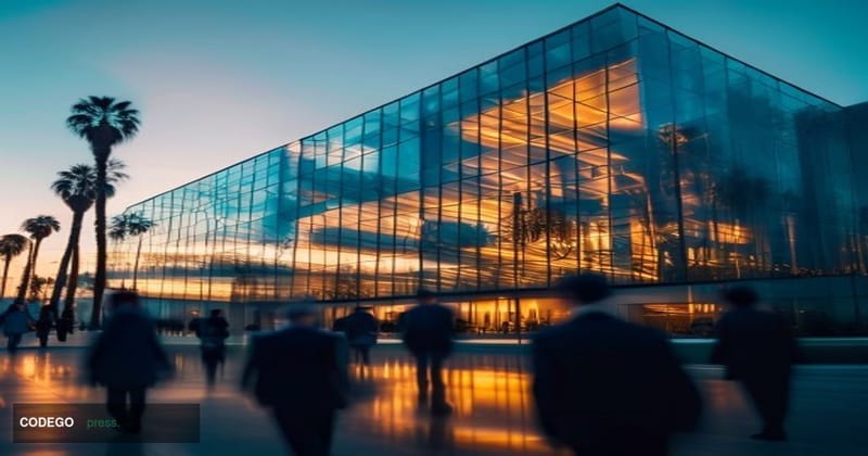 A cinematic editorial photograph of Visa's corporate headquarters in Foster City, California, shot from a low angle at golden