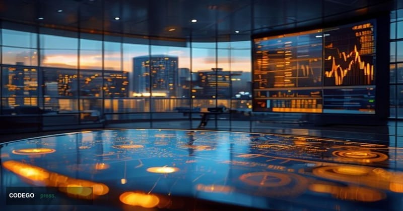 A dramatic cinematic editorial photograph set inside a modern financial institution's sleek trading floor, where large curved