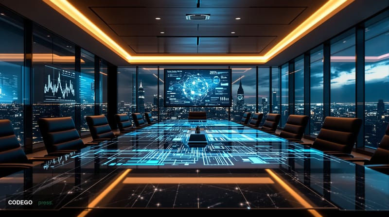 A cinematic editorial photograph set inside a sleek, marble-and-glass financial summit boardroom with floor-to-ceiling window