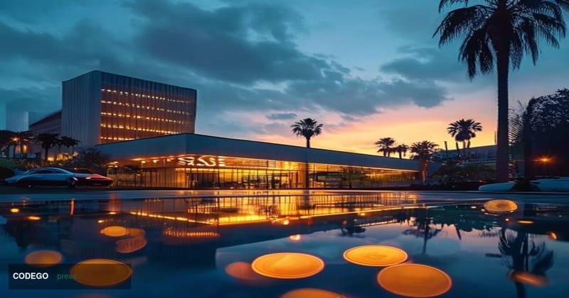 A cinematic editorial photograph set outside Visa's iconic Foster City, California headquarters campus at dusk, with the reco