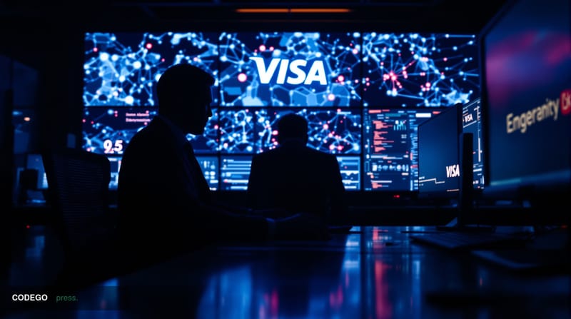 A cinematic editorial photograph set inside a high-security financial institution's cyber operations center, with a prominent