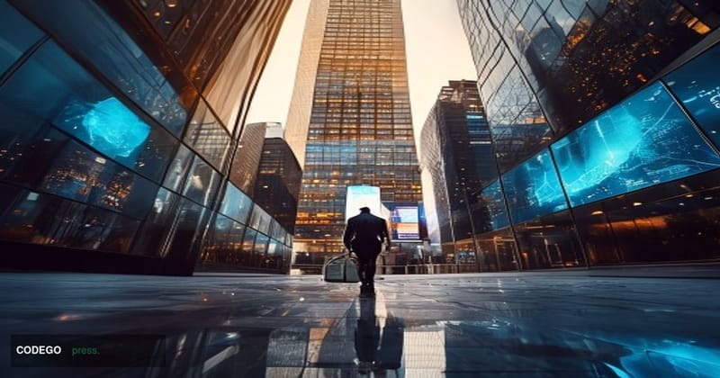 A cinematic editorial photograph taken from a low angle looking up at the gleaming glass facades of three adjacent Manhattan 