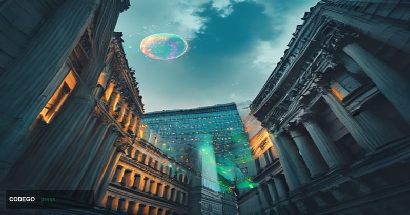 A cinematic editorial photograph shot from a low angle looking up at the towering glass and steel facades of the New York Sto