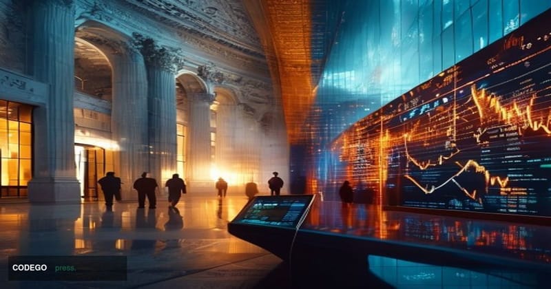 A cinematic editorial photograph of a dramatic split-scene composition: on the left, the imposing neoclassical stone facade o