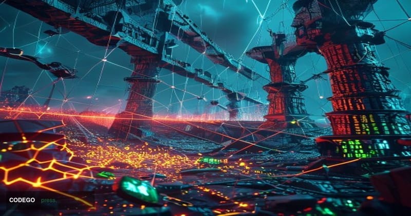 A dramatic cinematic editorial photograph depicting a shattered digital bridge structure suspended in a dark, stormy cyberspa