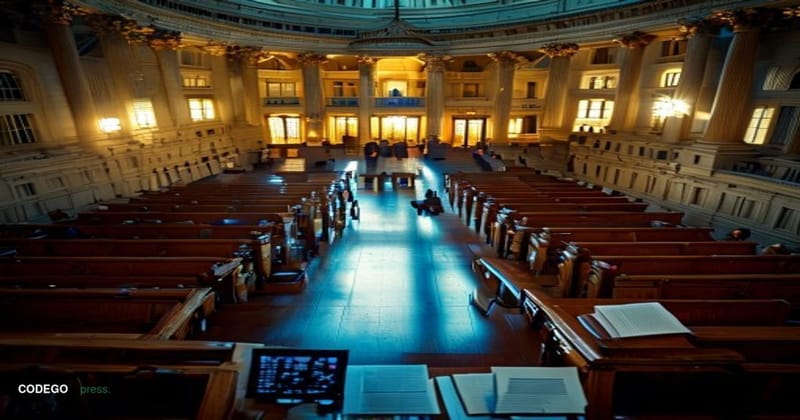 # Image Prompt

A dramatic overhead shot of the U.S. Capitol Building's Senate chamber in session, with warm golden afternoon