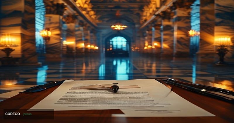 A dramatic cinematic editorial photograph set inside a grand, marble-columned United States Senate chamber corridor, shot fro