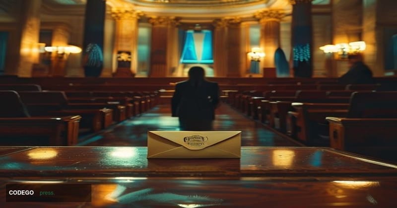 A cinematic editorial photograph set inside a grand federal government hearing chamber in Washington D.C., with dramatic chia