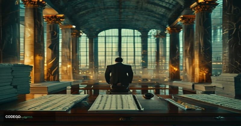A dramatic cinematic editorial photograph set inside a grand central bank trading floor or war-bonds-era treasury vault, with