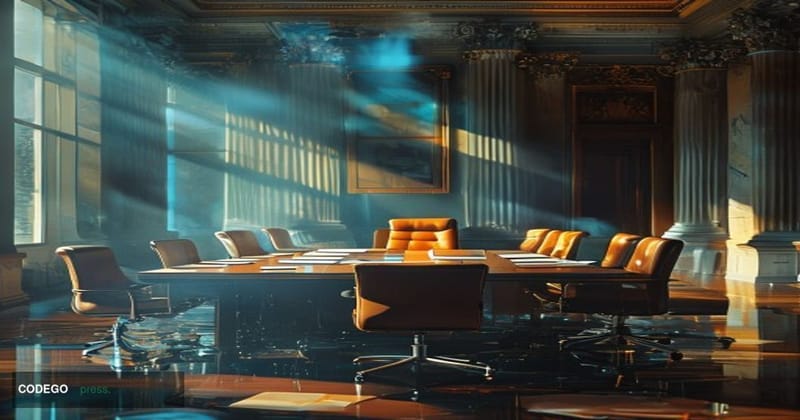 A photorealistic editorial photograph set inside a formal Federal Reserve boardroom environment, styled after the Marriner S.