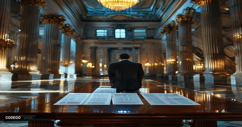 A photorealistic editorial photograph set inside the grand neoclassical interior of the Federal Reserve's Eccles Building in 