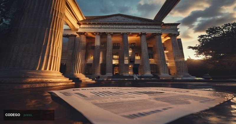 A photorealistic cinematic editorial photograph of the Federal Reserve's Eccles Building in Washington D.C., its neoclassical