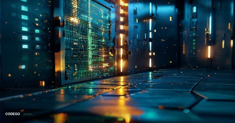 A dramatically lit close-up of a cracked digital vault door rendered as a physical steel structure, with glowing green smart 