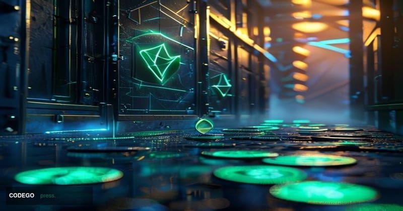 A cinematic editorial photograph depicting a fractured digital vault door rendered in dark steel and neon green circuitry, se