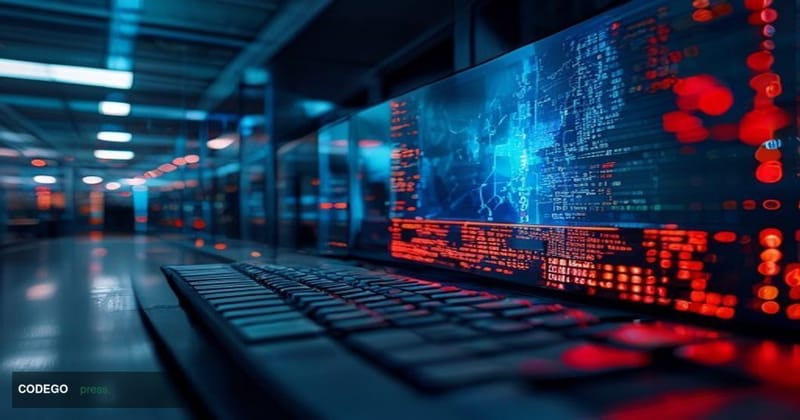 A cinematic editorial photograph depicting a fractured blockchain network visualization displayed on a large curved monitor i