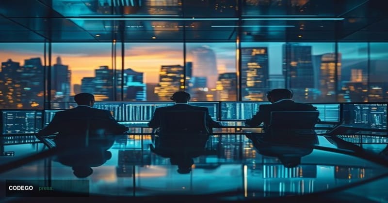 A dramatic cinematic editorial photograph taken inside a sleek, modern financial technology operations center, with rows of c