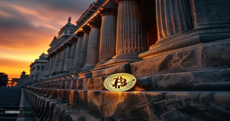 A cinematic editorial photograph taken at dusk from a low angle looking up at the steps of a grand neoclassical government bu
