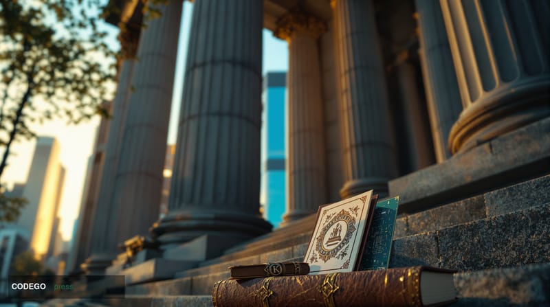 A cinematic editorial photograph shot from a low angle looking upward at the imposing marble columns of a classical central b