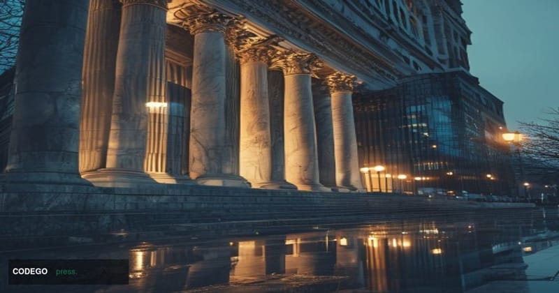 A cinematic editorial photograph depicting a grand neoclassical government building — marble columns, stone facade, imposing 
