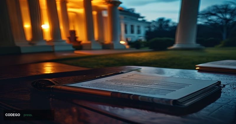 A dramatic cinematic editorial photograph taken at the north facade of the White House at dusk, with warm amber light casting