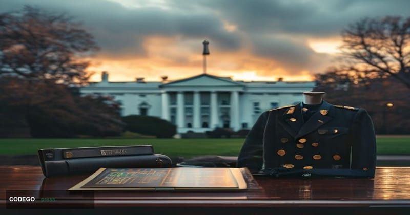 A cinematic editorial photograph set in Washington D.C., with the iconic White House South Lawn visible in the soft-focused b