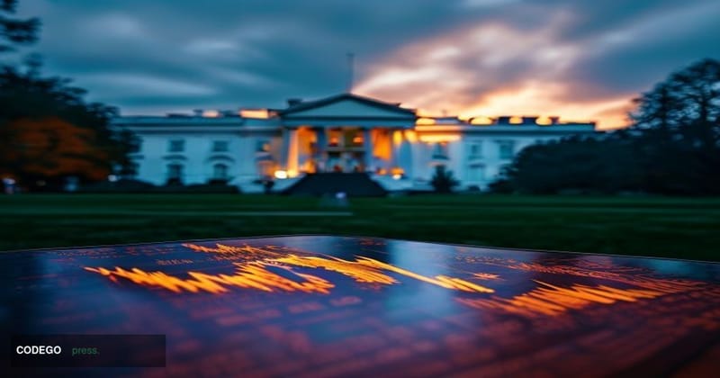 A cinematic editorial photograph set in Washington D.C., with the iconic white neoclassical facade of the White House visible