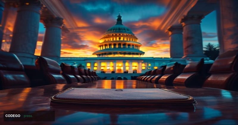 A cinematic editorial photograph of the United States Capitol building at dusk, shot from a low angle looking up at the iconi