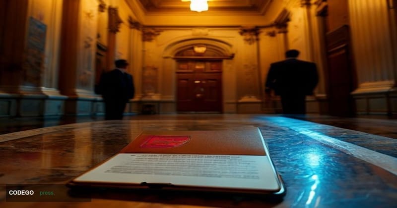 A tense, cinematic editorial photograph set inside a formal Wisconsin state courthouse corridor, with marble columns and stat
