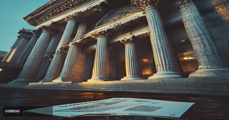 A dramatic cinematic editorial photograph shot from a low angle looking up at the imposing neoclassical stone facade of the O