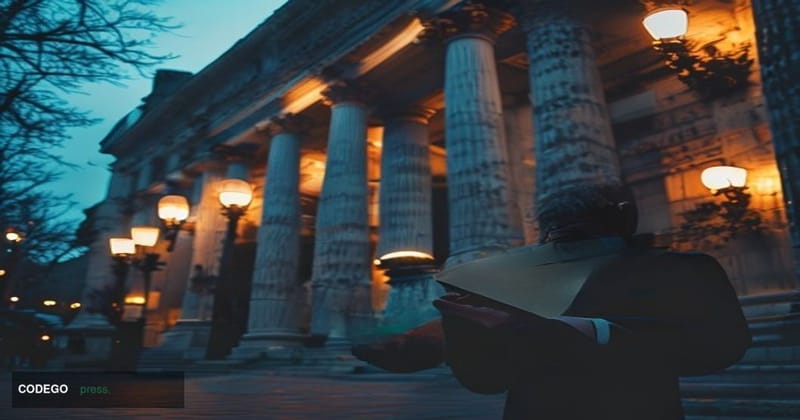 A cinematic editorial photograph depicting the exterior of the Office of the Comptroller of the Currency headquarters in Wash