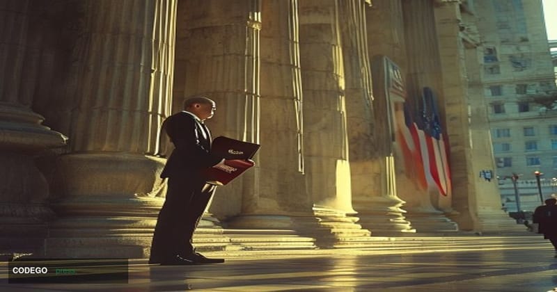 A cinematic editorial photograph set outside the imposing neoclassical facade of a Washington D.C. federal banking regulatory