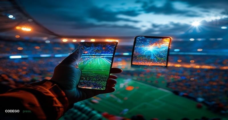 A cinematic editorial photograph set at a packed 2026 World Cup stadium at night, with vivid green pitch illuminated by stadi
