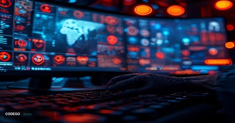 A cinematic editorial photograph set in a darkened cybersecurity operations center, screens illuminated with red alert dashbo