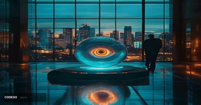 A dramatic cinematic editorial photograph set inside a sleek, dimly lit biometric verification chamber. In the foreground, a 
