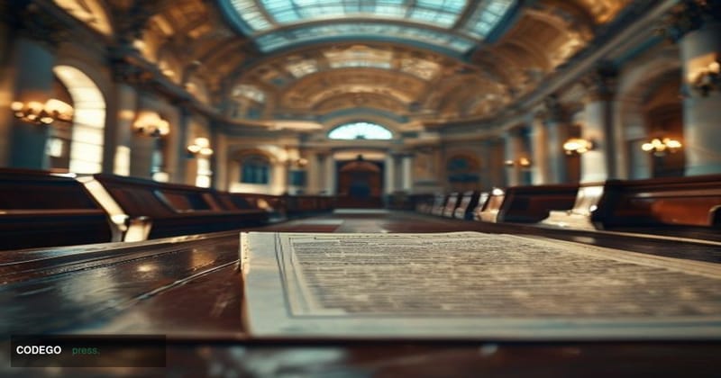 A wide-angle cinematic editorial photograph of the United States Senate chamber interior, shot from a low angle looking up to