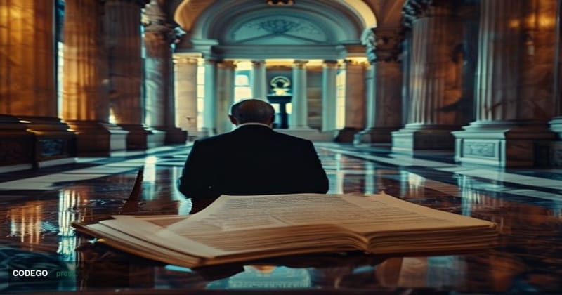 A dramatic photorealistic editorial photograph set inside a grand United States Senate chamber corridor, with warm amber ligh