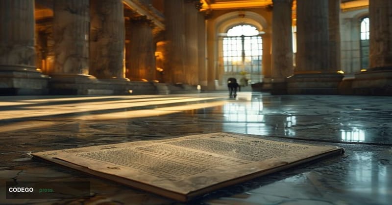 A photorealistic editorial photograph set inside a grand, columned United States Senate chamber corridor in Washington D.C., 